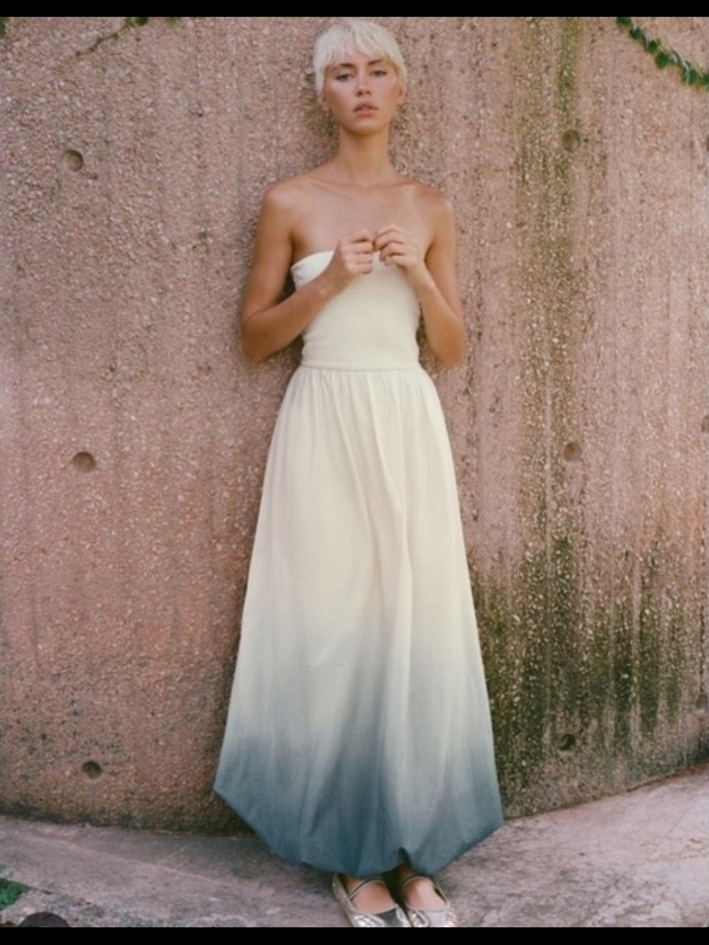 NWT Zara Strapless Ombre Maxi Dress in Cream and Blue